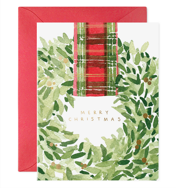 christmas card boxed set plaid tartan bow wreath watercolor box cards merry christmas winter luxe designer high end