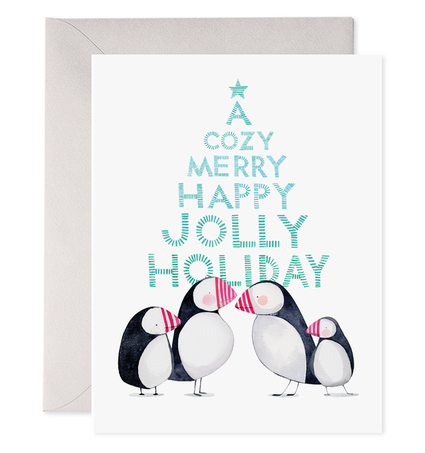 a cozy merry happy jolly holiday puffin puffins christmas cards card set box boxed holiday cards