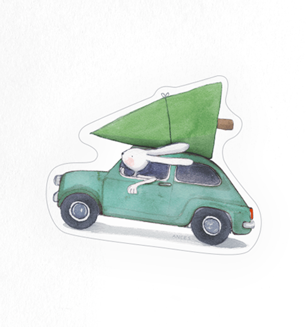 bunny rabbit driving a vw bug with a christmas tree on top sticker
