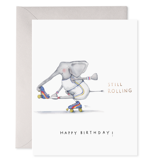 still rolling happy birthday card with roller skating elephant in rollerskates skates skating