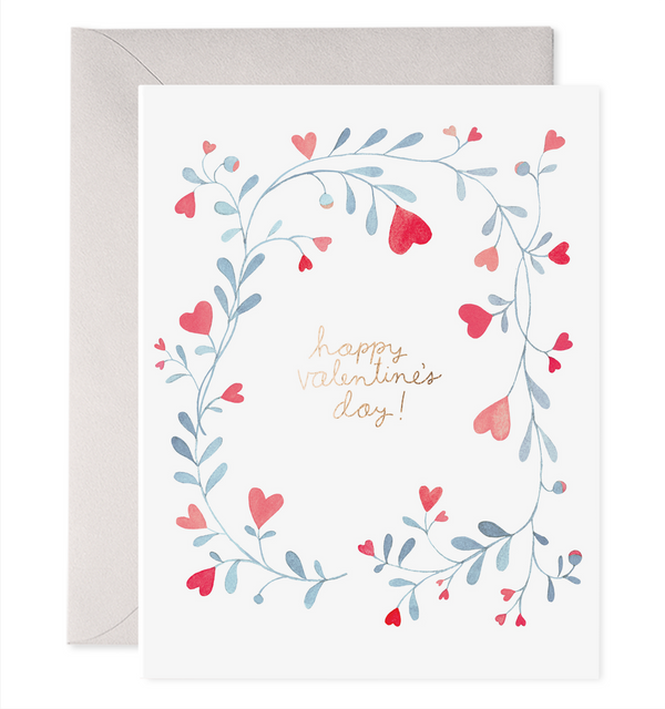 happy valentine's day card flowers hearts hand painted vine watercolor wreath