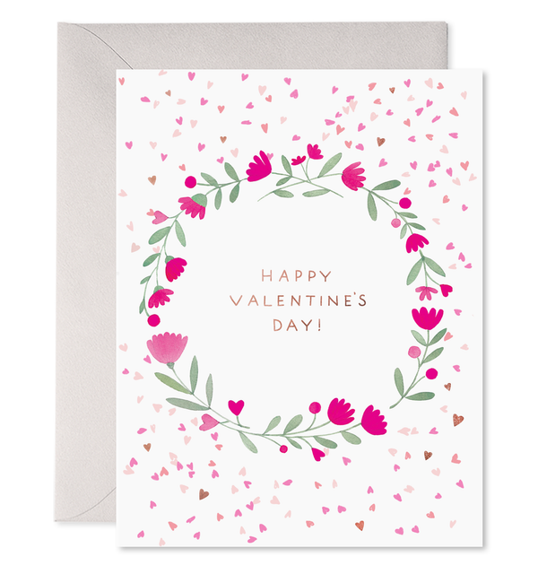 happy valentine's day card pretty flowers wreath hearts watercolor
