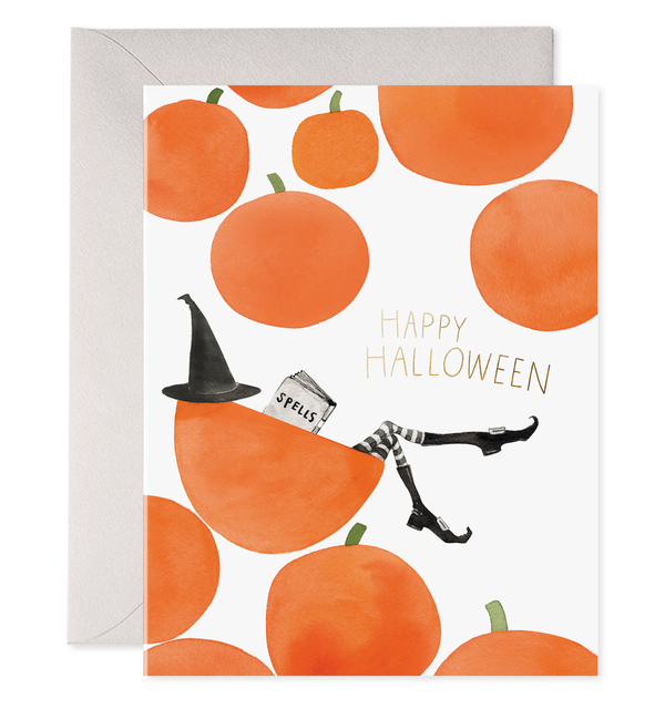 pumpkin witch halloween card book of spells 