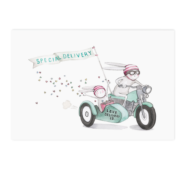 special delivery rabbit bunny scooter vespa sidecar motorcycle bike special deliver love delivery co postcard
