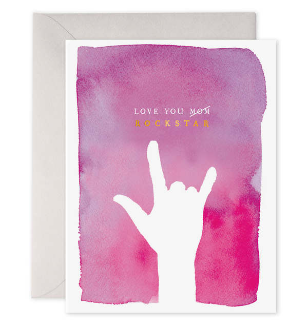 rock star mom mother's day card watercolor pink purple hand giving the rock n roll sign rockstar mom rock star